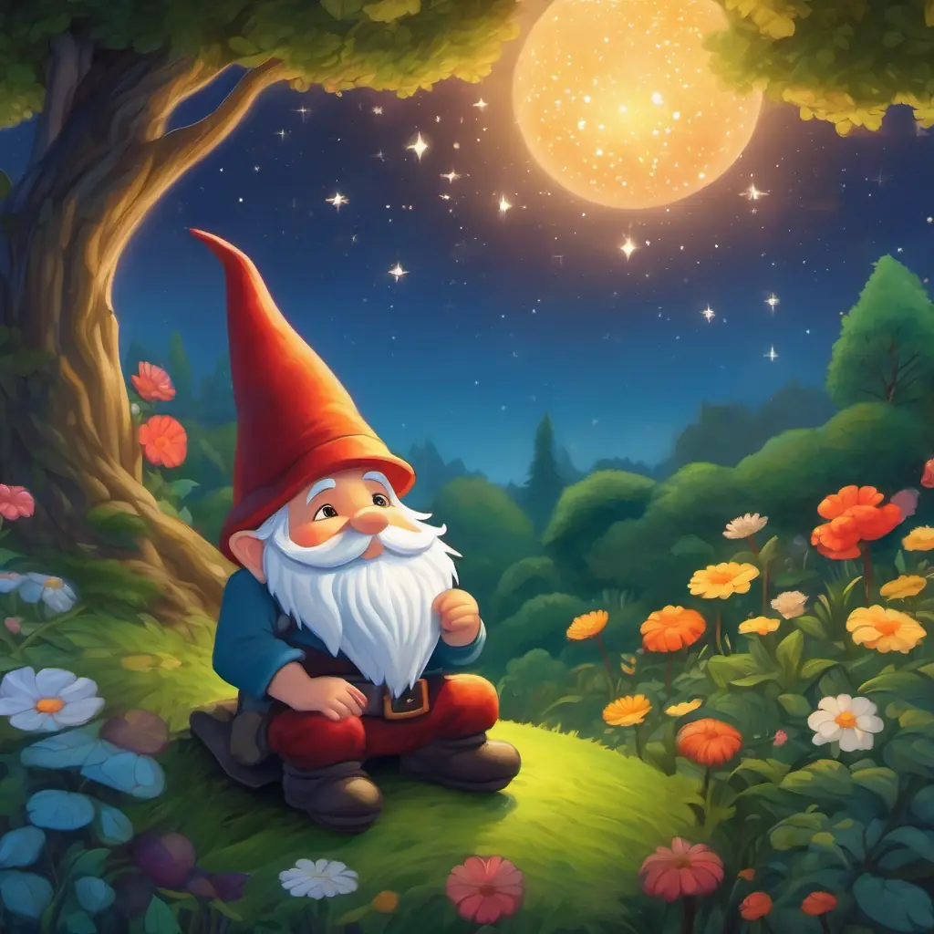 Gnome staring at the stars, dreaming, garden background.