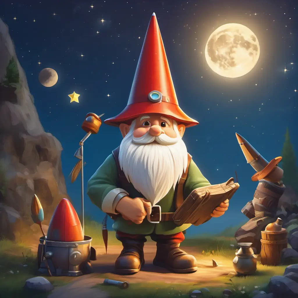 Gnome building a rocket, tools scattered, with moon photo.