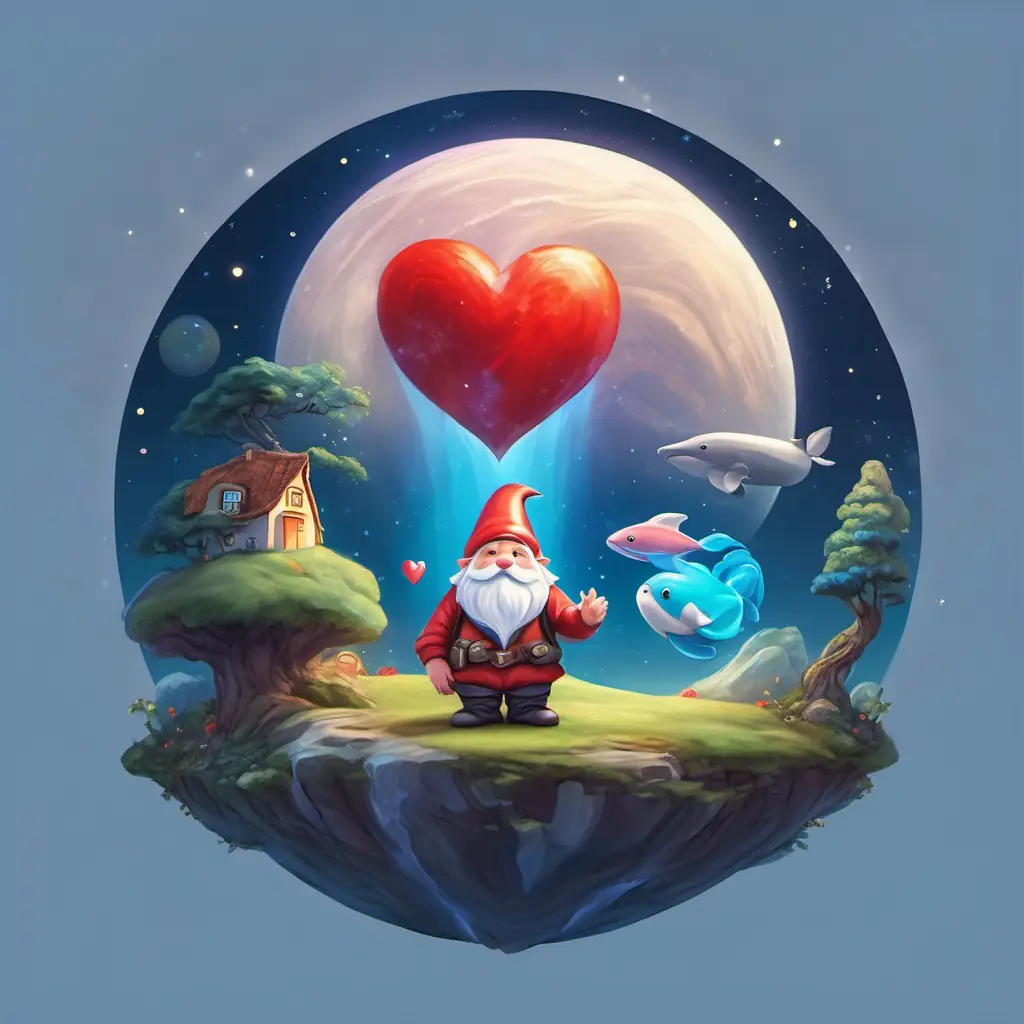 Gnome recognizing his heart's home, cozy with whale in space.