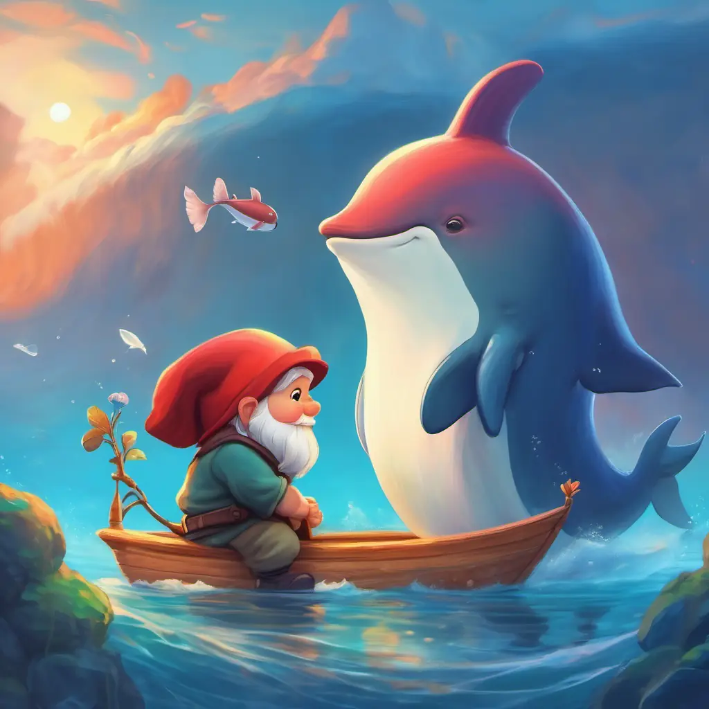 Gnome and whale concluding to stay together, in love, side by side.