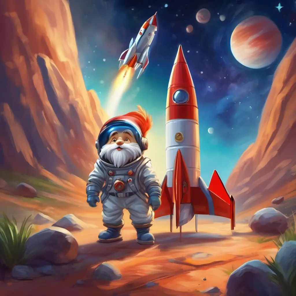 Rocket ready to launch, gnome dressed in space gear, starting countdown.