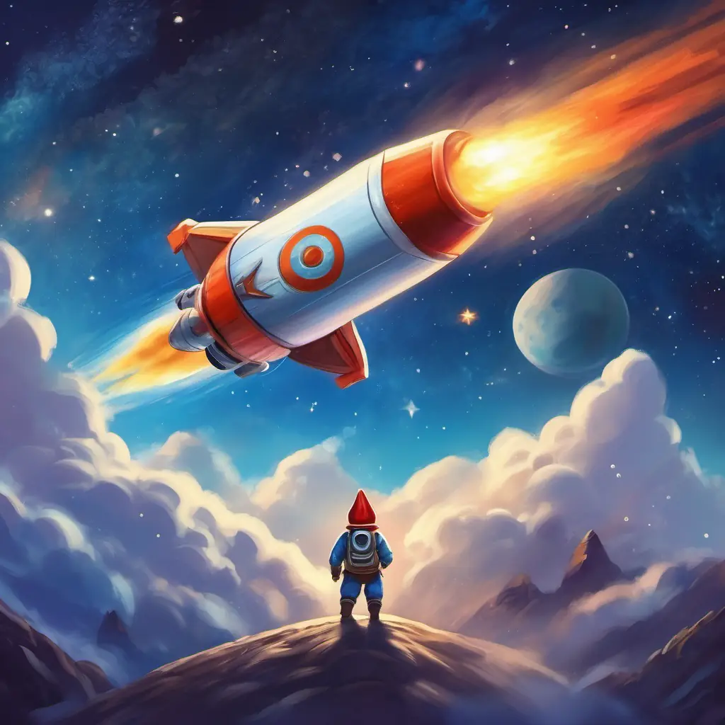 Rocket blasting off into space, gnome inside, stardust trail.