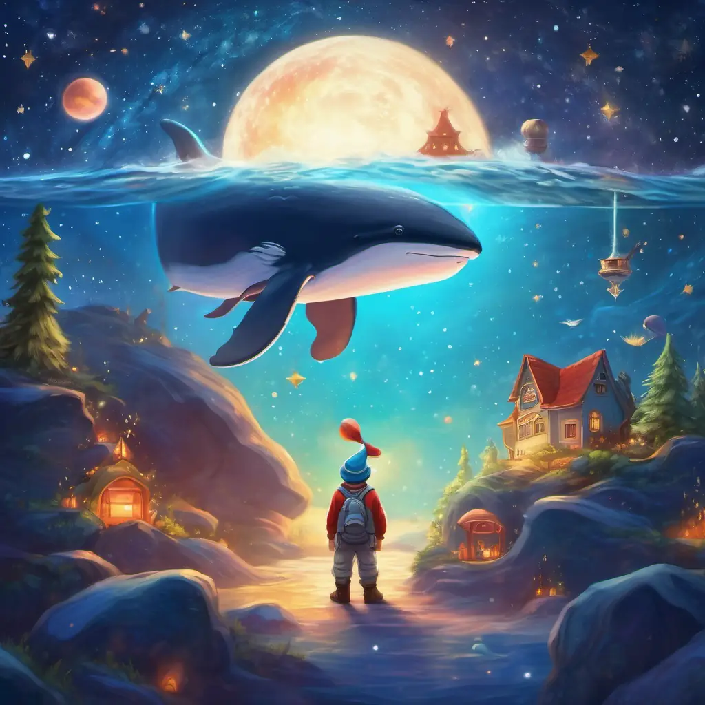 Gnome encountering a whale in space, whale swimming through stars.