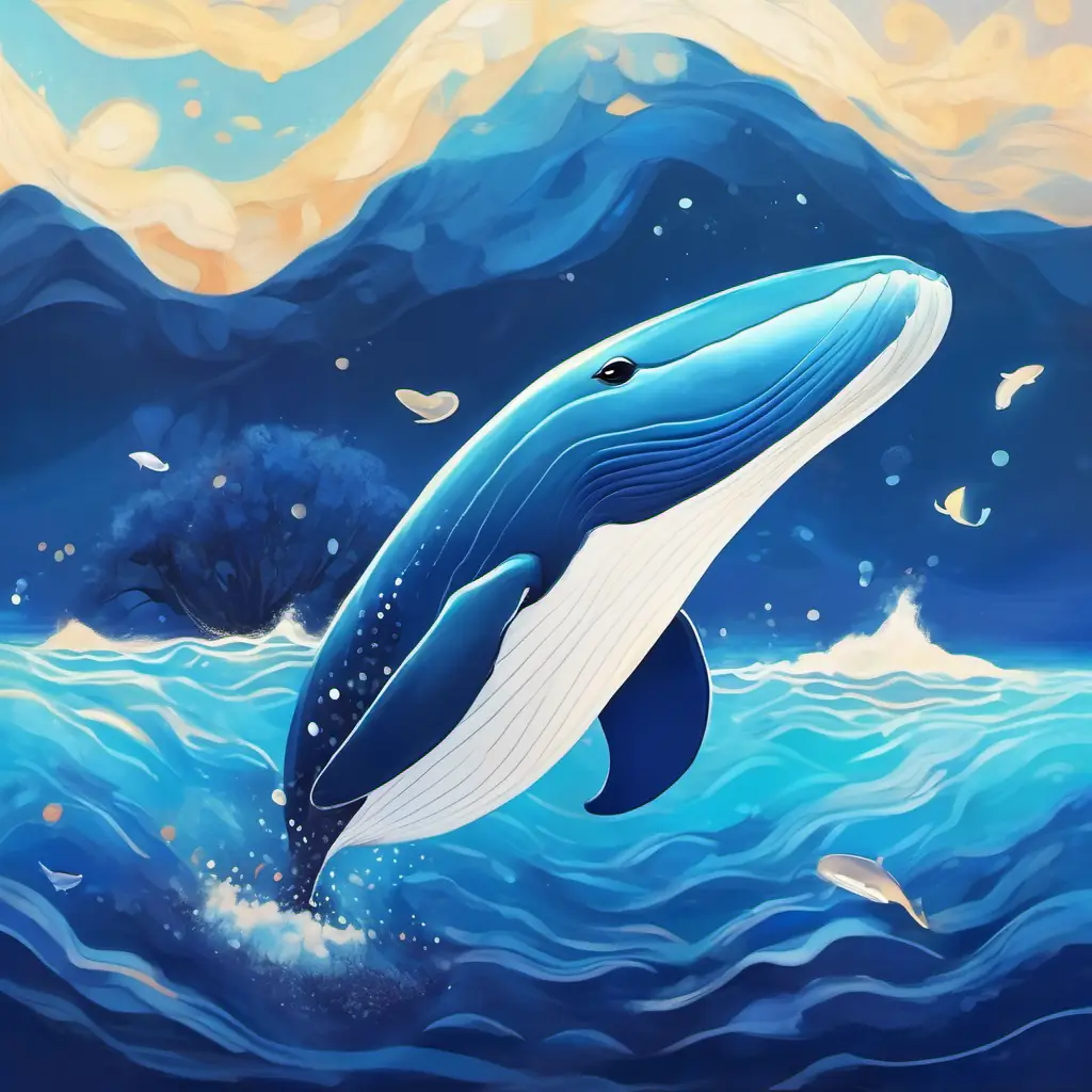 Whale with deep blue skin, twinkling eyes, seemingly smiling.