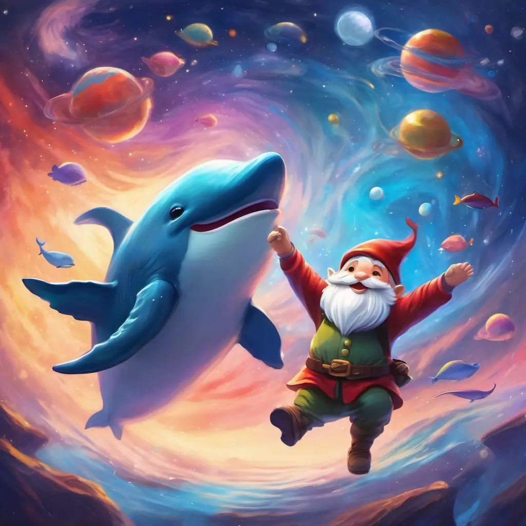 Gnome and whale dancing in space, twirling, laughing.