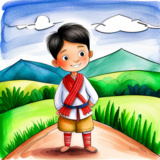 Brave little boy with a kind heart, wearing traditional clothes in his village with mountains and green fields
