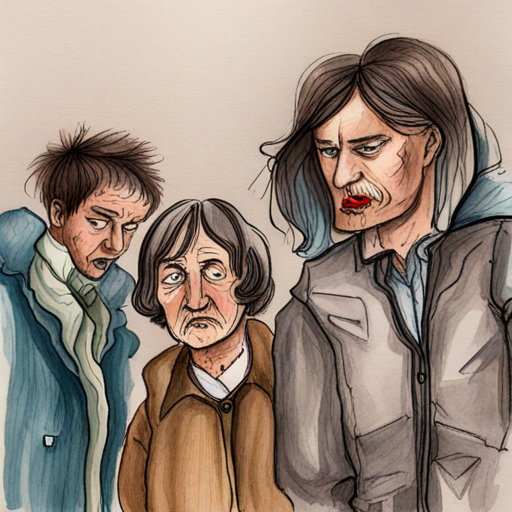 Scared people with sad faces, wearing tattered clothes scared in a storm
