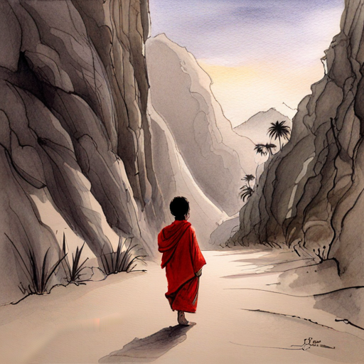 Brave little boy with a kind heart, wearing traditional clothes leading villagers to a cave