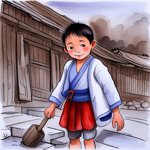 Brave little boy with a kind heart, wearing traditional clothes helping villagers rebuild their homes
