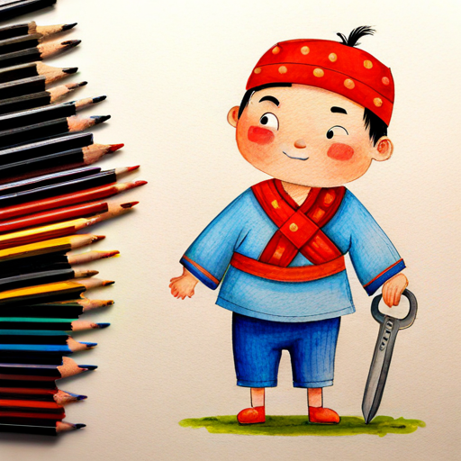 Brave little boy with a kind heart, wearing traditional clothes as a hero with a prosperous village