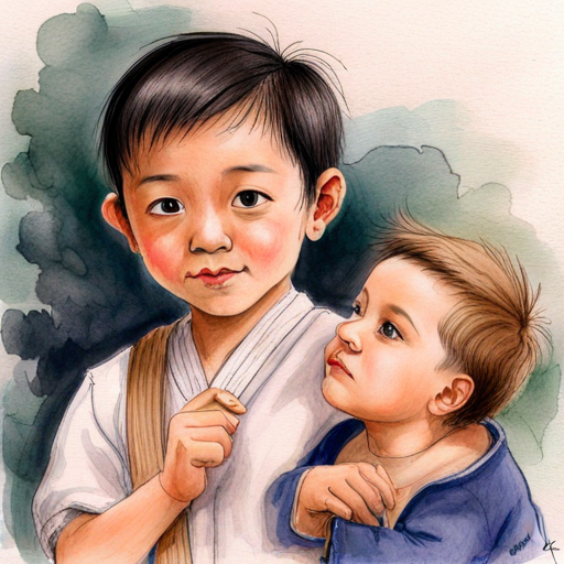 Brave little boy with a kind heart, wearing traditional clothes's stories being passed down through generations