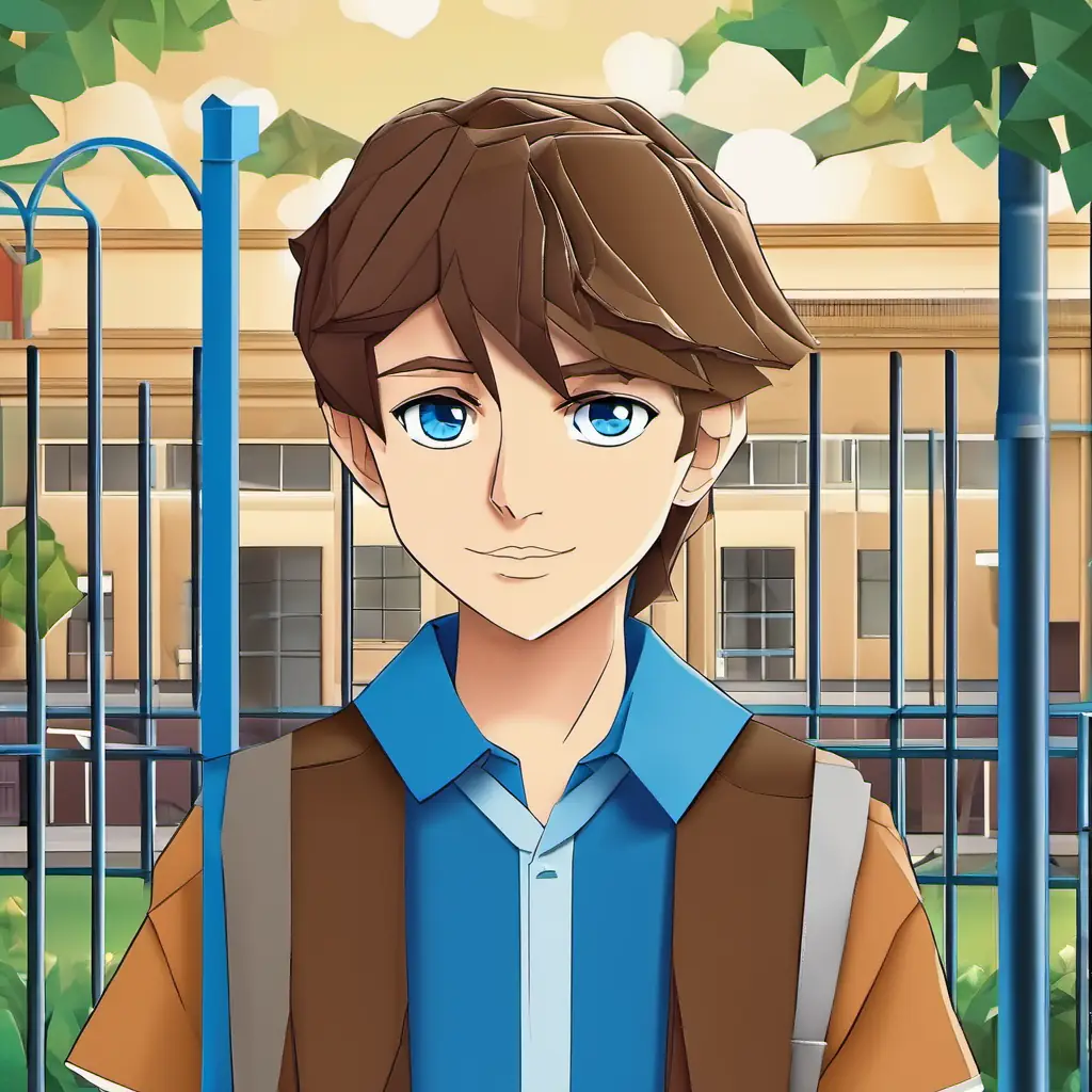 A young boy with brown hair and blue eyes with brown hair and blue eyes, standing in front of a school gate