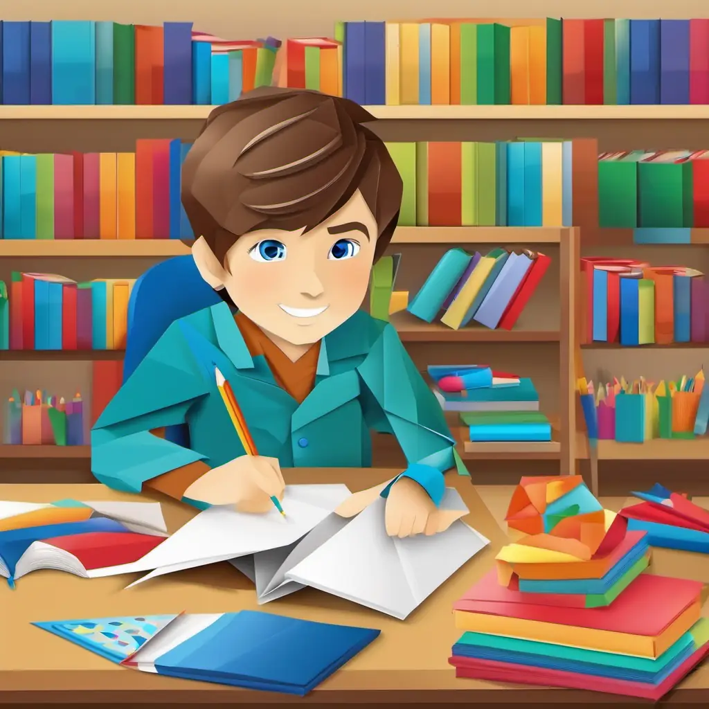 A young boy with brown hair and blue eyes sitting at his desk in the classroom, surrounded by colorful books