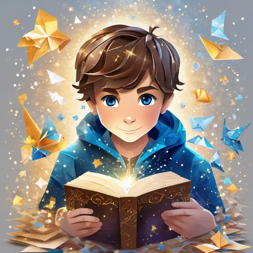 A young boy with brown hair and blue eyes holding an open book, with magical sparkles surrounding him