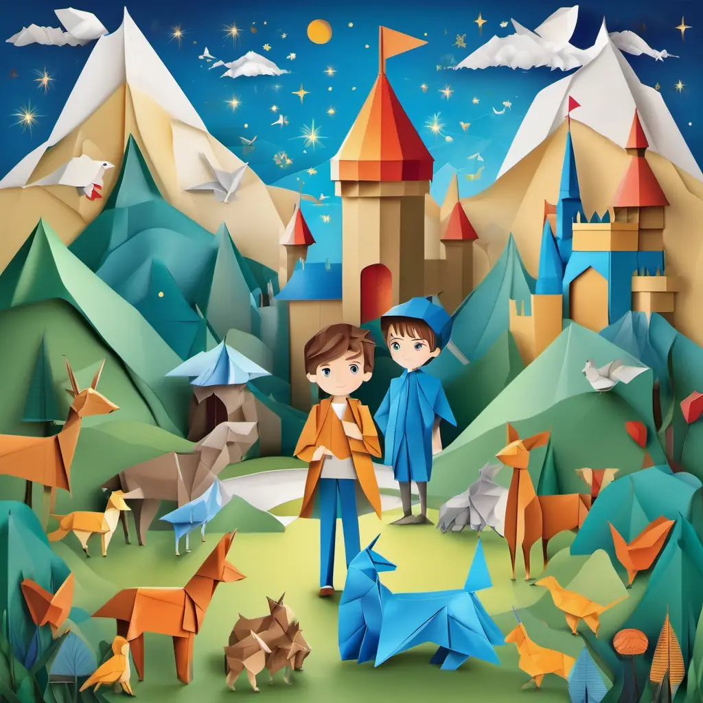 A young boy with brown hair and blue eyes standing in a mystical land with talking animals and enchanting castles