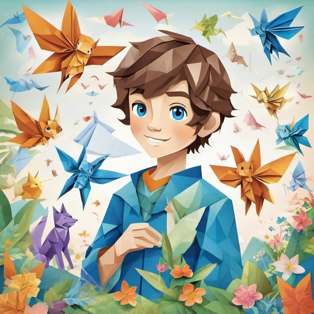 A young boy with brown hair and blue eyes surrounded by friendly characters like fairies, wizards, and talking animals
