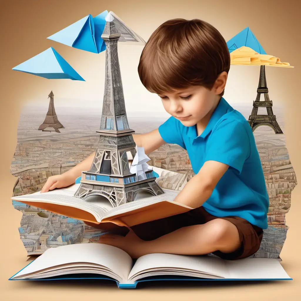 A young boy with brown hair and blue eyes exploring a book with landmarks from various countries, like the Eiffel Tower and pyramids