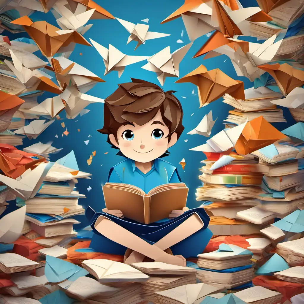 A young boy with brown hair and blue eyes sitting on his bed, surrounded by flying books and joyful expression
