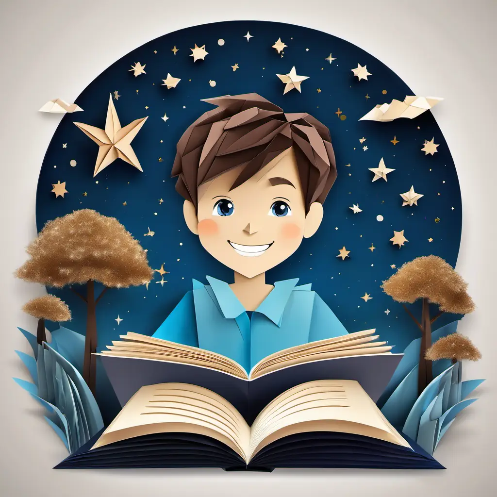 A young boy with brown hair and blue eyes reading a book under a starry sky, with a big smile on his face