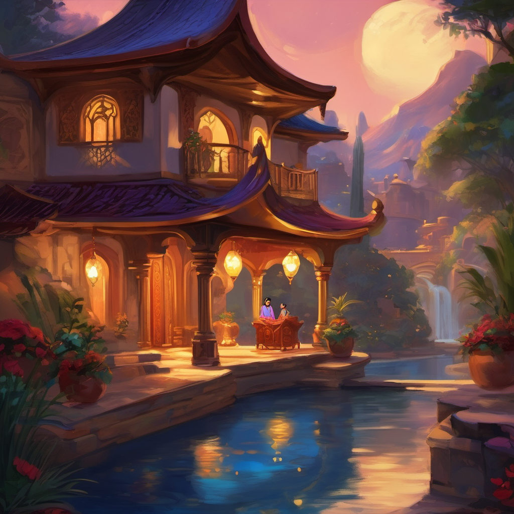 For his second wish, Aladdin thought about his beloved mother, who worked so hard to provide for them both. "Genie," Aladdin said, "I wish for my mother to have a beautiful and comfortable home, fit for a queen." In an instant, their small house transformed into a palace. Aladdin's mother was overjoyed as she explored her new home. She hugged Aladdin tightly, thanking him for his selflessness and love.