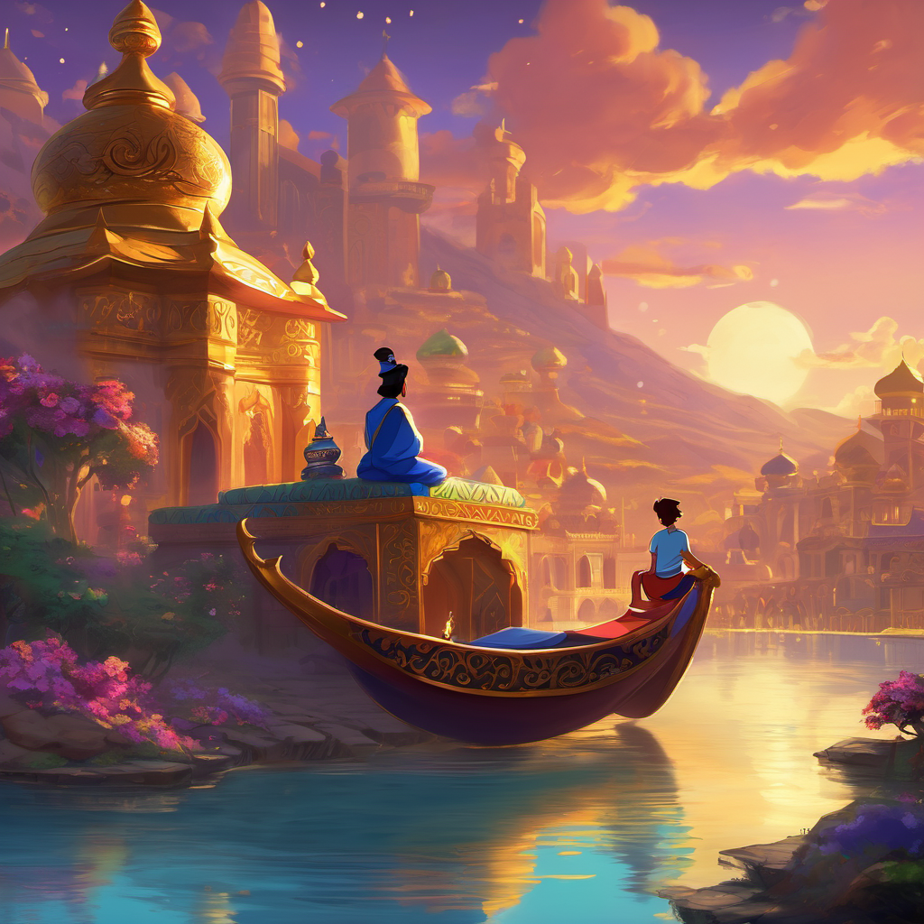 Aladdin realized that all his wishes had come true because of his genuine desire to make the world a better place. The genie praised Aladdin for being selfless and wise, and then the genie returned to the lamp, disappearing until he was needed again. From that day forward, Aladdin continued to spread joy and kindness, making Agrabah an even more beautiful place to live. He learned that true wealth isn't measured by material things, but by the goodness of one's heart.