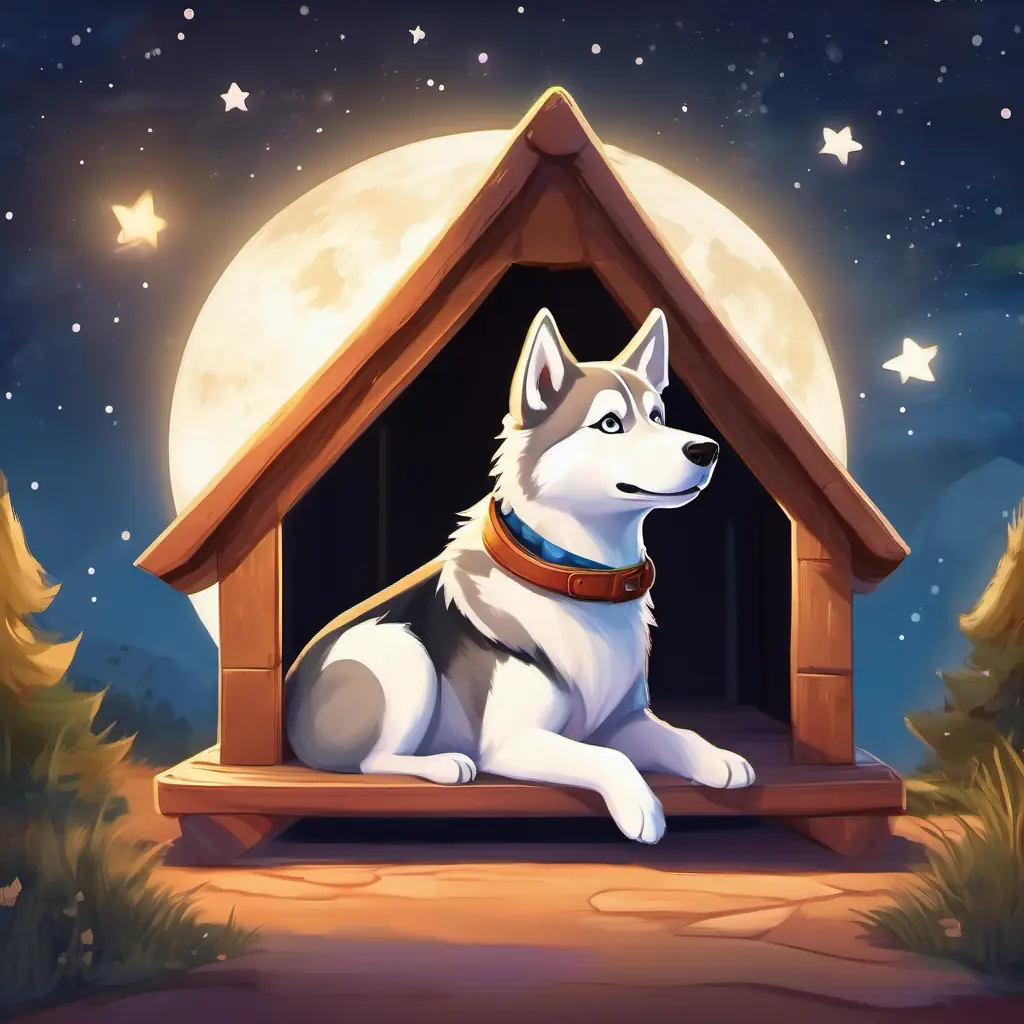 Introduction of Fluffy husky with bright eyes and a love for stars, in his doghouse, ready for adventure.