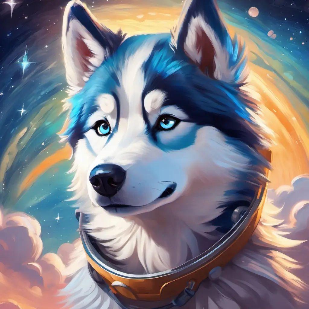 Fluffy husky with bright eyes and a love for stars imagining space travel, playful thoughts about the cosmos.