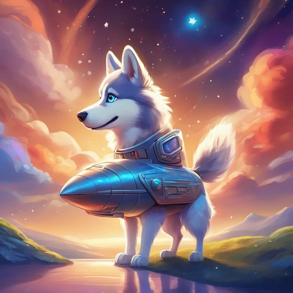 A spaceship arrives inviting Fluffy husky with bright eyes and a love for stars on an adventure.