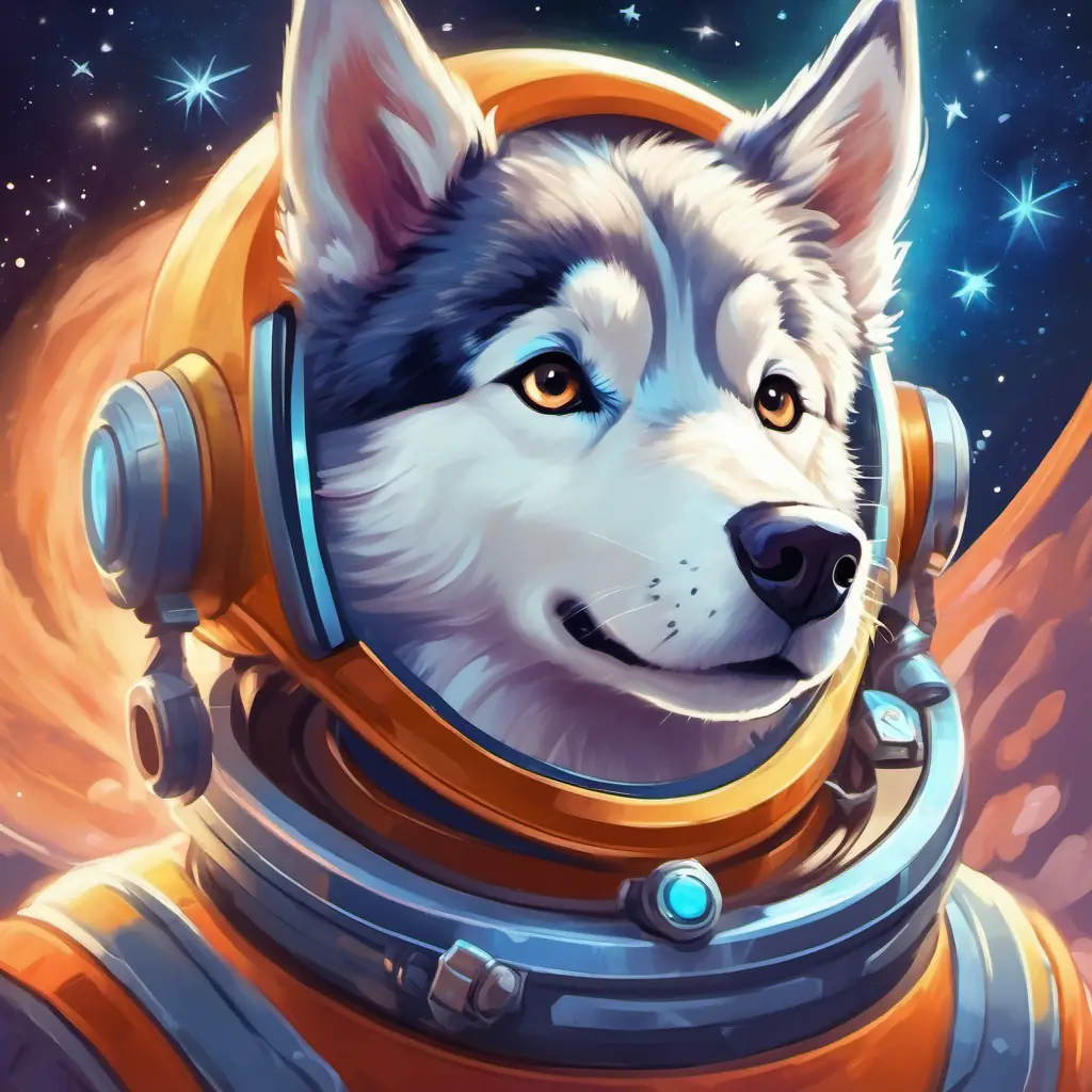 Fluffy husky with bright eyes and a love for stars eagerly enters the spaceship, beginning his journey.