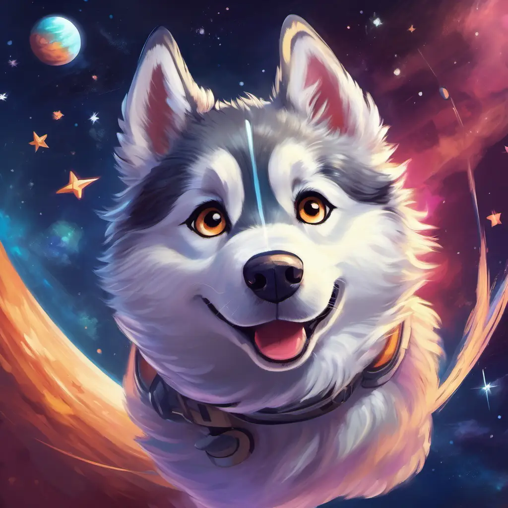 The spaceship takes off, with Fluffy husky with bright eyes and a love for stars ready for his space dance.