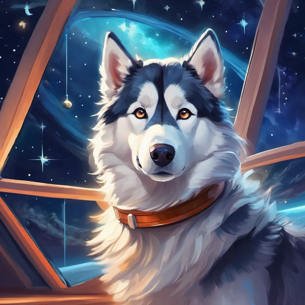 Fluffy husky with bright eyes and a love for stars comes back home, with fond memories of his space journey.