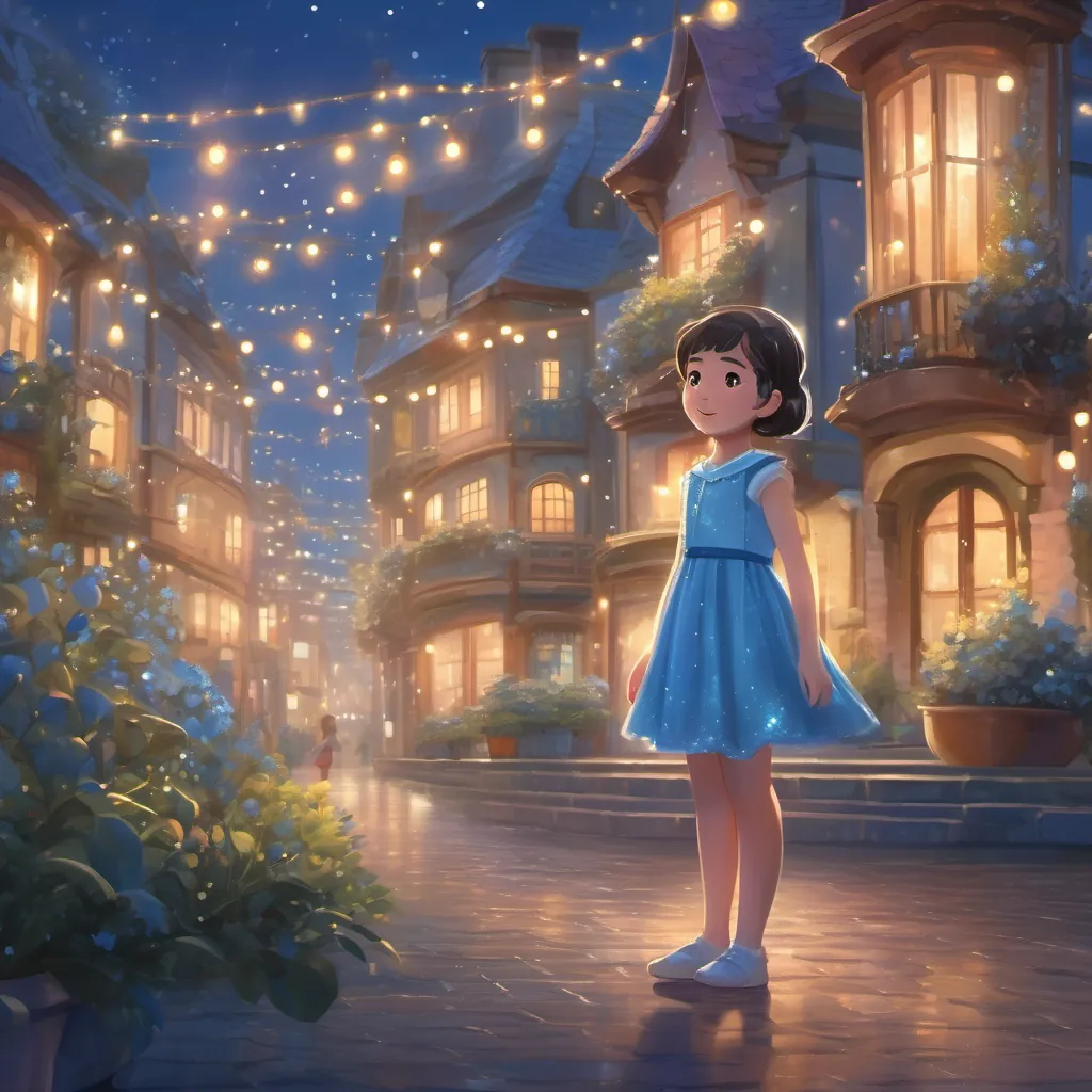 A little girl named A little girl named Lily in fictional world of whimsy dreamy night wearing a sparkling blue dress in a twinkling town, wearing a sparkling blue dress.