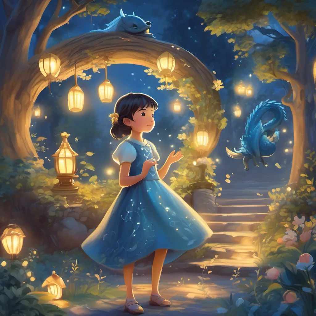 A little girl named Lily in fictional world of whimsy dreamy night wearing a sparkling blue dress dreaming under the moonlight with dancing dragons and whispering trees.