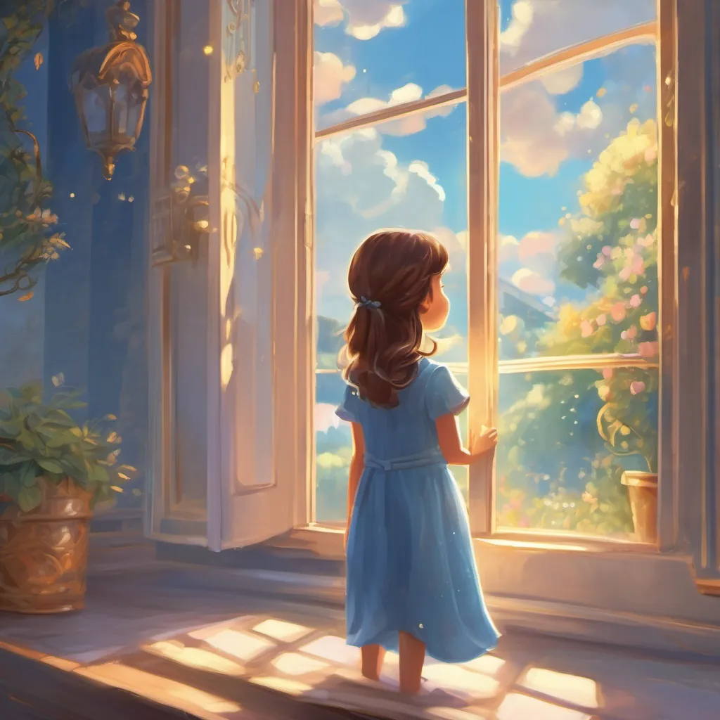 Morning light peeking through a window, A little girl named Lily in fictional world of whimsy dreamy night wearing a sparkling blue dress waking up with a smile.