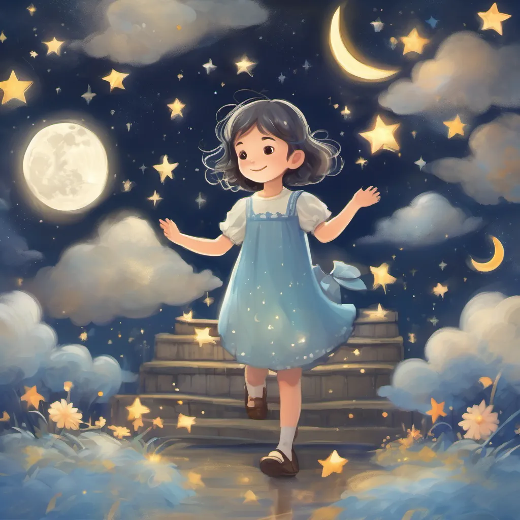 A little girl named Lily in fictional world of whimsy dreamy night wearing a sparkling blue dress saying goodnight to the moon and stars, ready to dream once more.