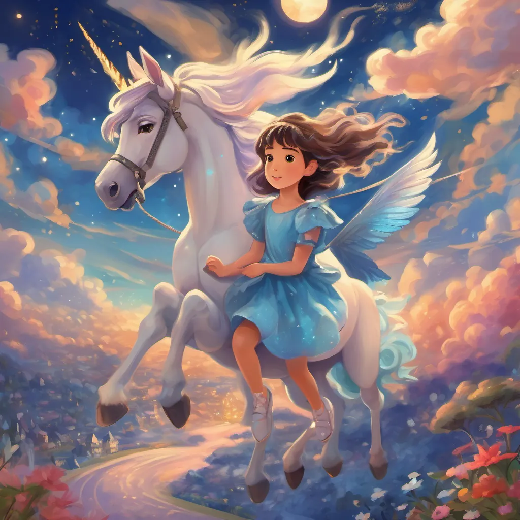A little girl named Lily in fictional world of whimsy dreamy night wearing a sparkling blue dress flying on a winged unicorn through vibrant skyscapes.