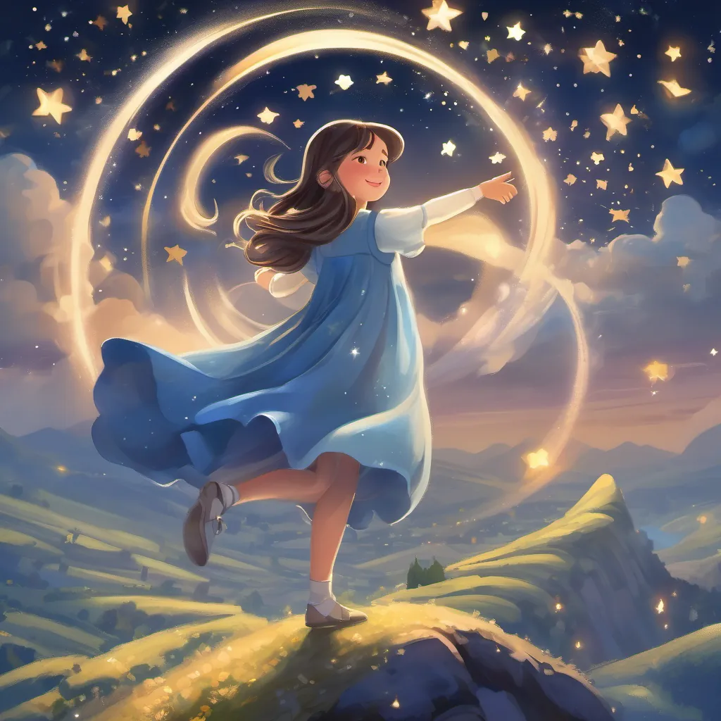A little girl named Lily in fictional world of whimsy dreamy night wearing a sparkling blue dress soaring over hills and valleys with stars winking at her.