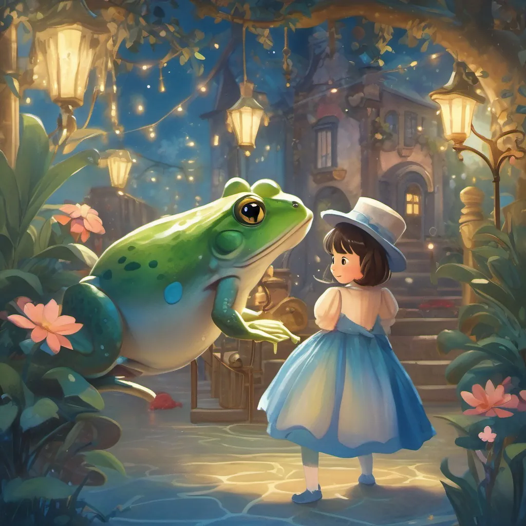 A little girl named Lily in fictional world of whimsy dreamy night wearing a sparkling blue dress meeting A friendly talking frog with a tiny top hat, a frog in a tiny top hat.