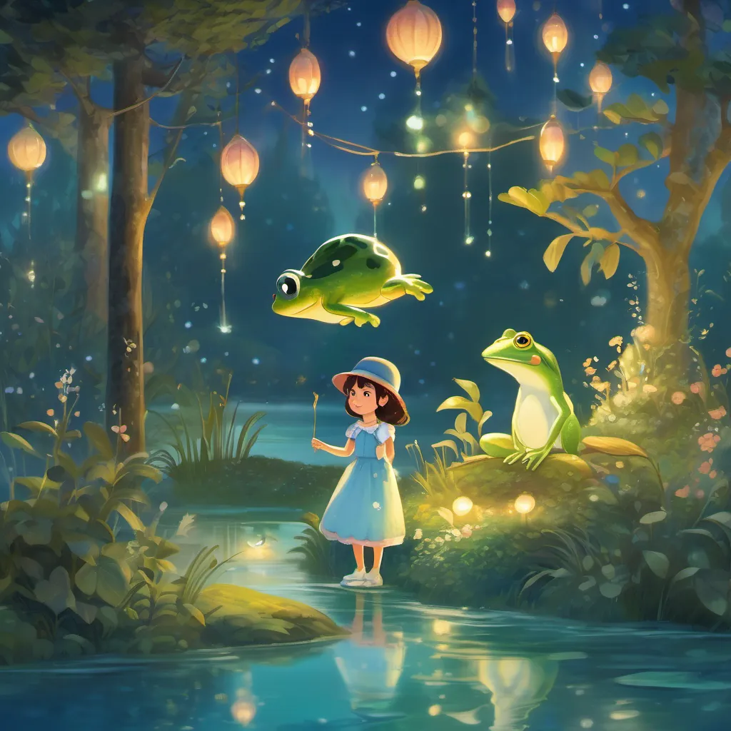 A little girl named Lily in fictional world of whimsy dreamy night wearing a sparkling blue dress and A friendly talking frog with a tiny top hat deciding to find the Laughing Lake together.