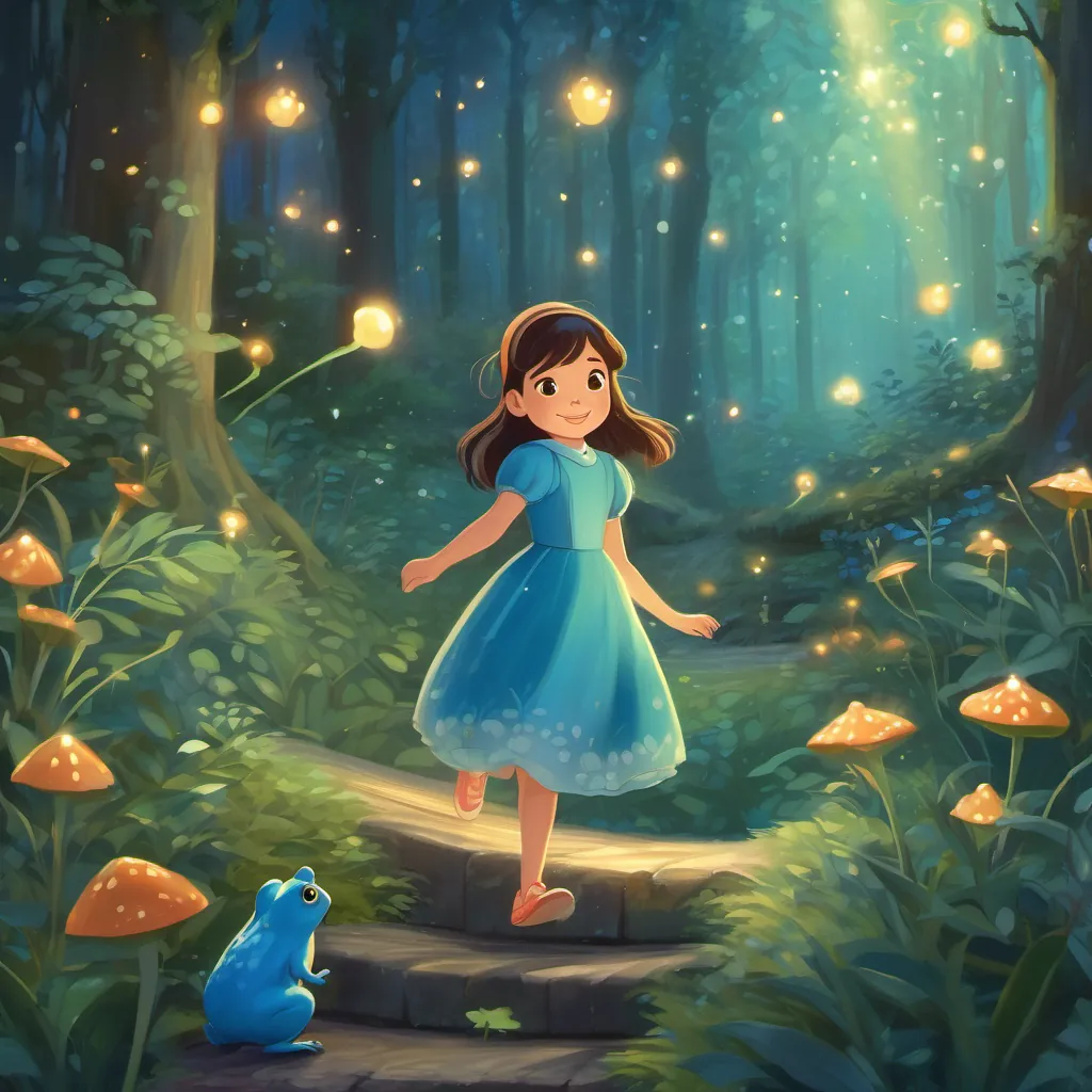 A little girl named Lily in fictional world of whimsy dreamy night wearing a sparkling blue dress and Sir Ribbit hopping and skipping through the Enchanted Forest.