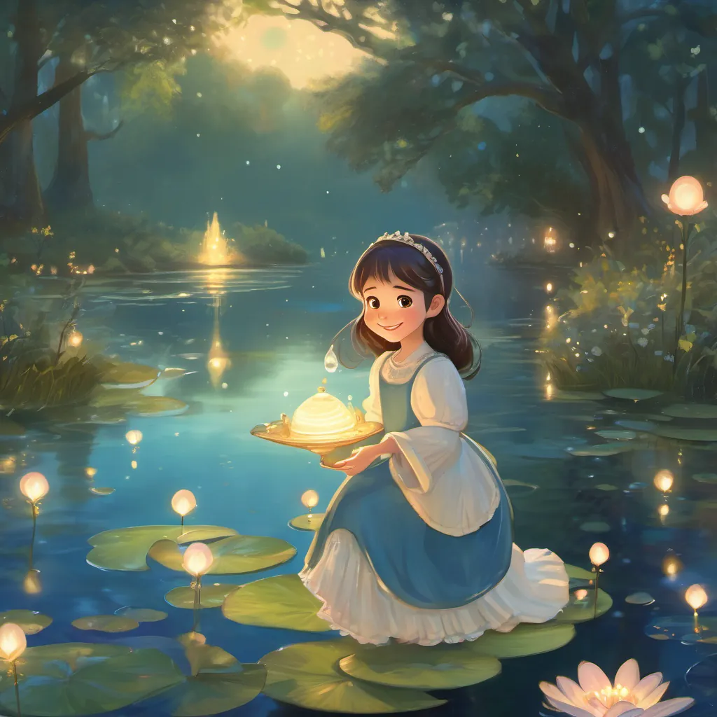 A little girl named Lily in fictional world of whimsy dreamy night wearing a sparkling blue dress and Sir Ribbit on the shores of the Laughing Lake, with bubbling laughter emitting from the water.