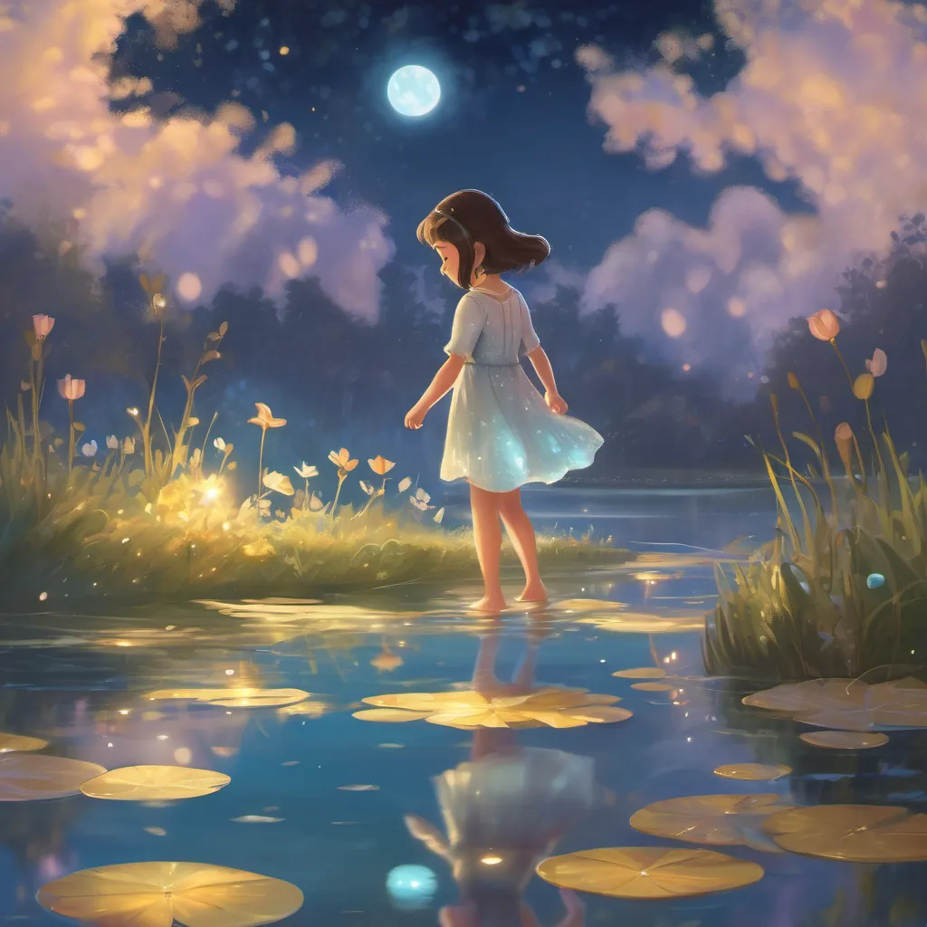 A little girl named Lily in fictional world of whimsy dreamy night wearing a sparkling blue dress dipping her toes in the Laughing Lake, hearing tales from the water.