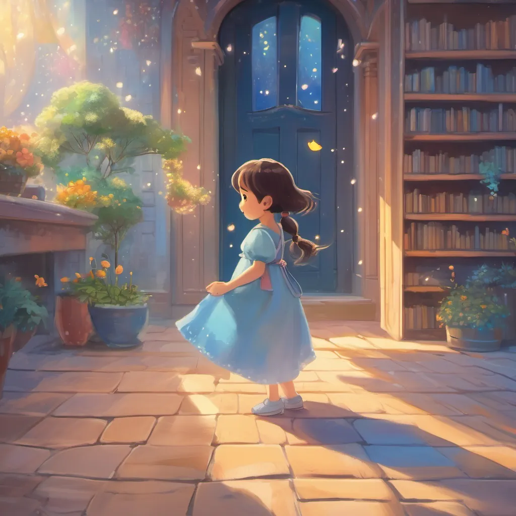 Sunrise gently pulling A little girl named Lily in fictional world of whimsy dreamy night wearing a sparkling blue dress back to the real world as her dream fades.
