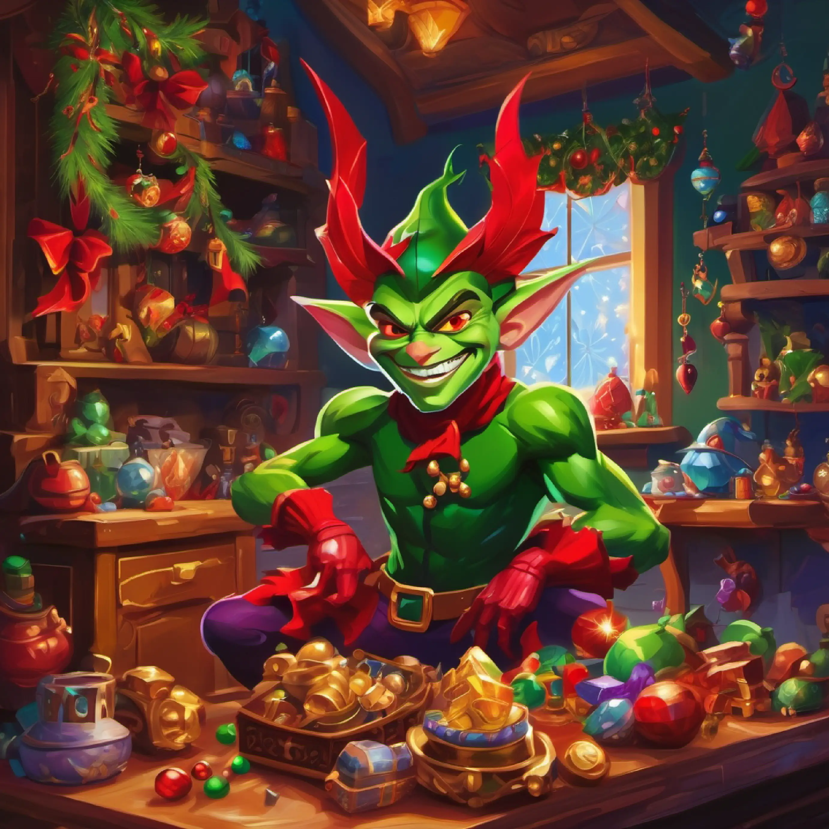 Introducing Small, green goblin with bright red eyes and a mischievous grin in his home, surrounded by treasures.