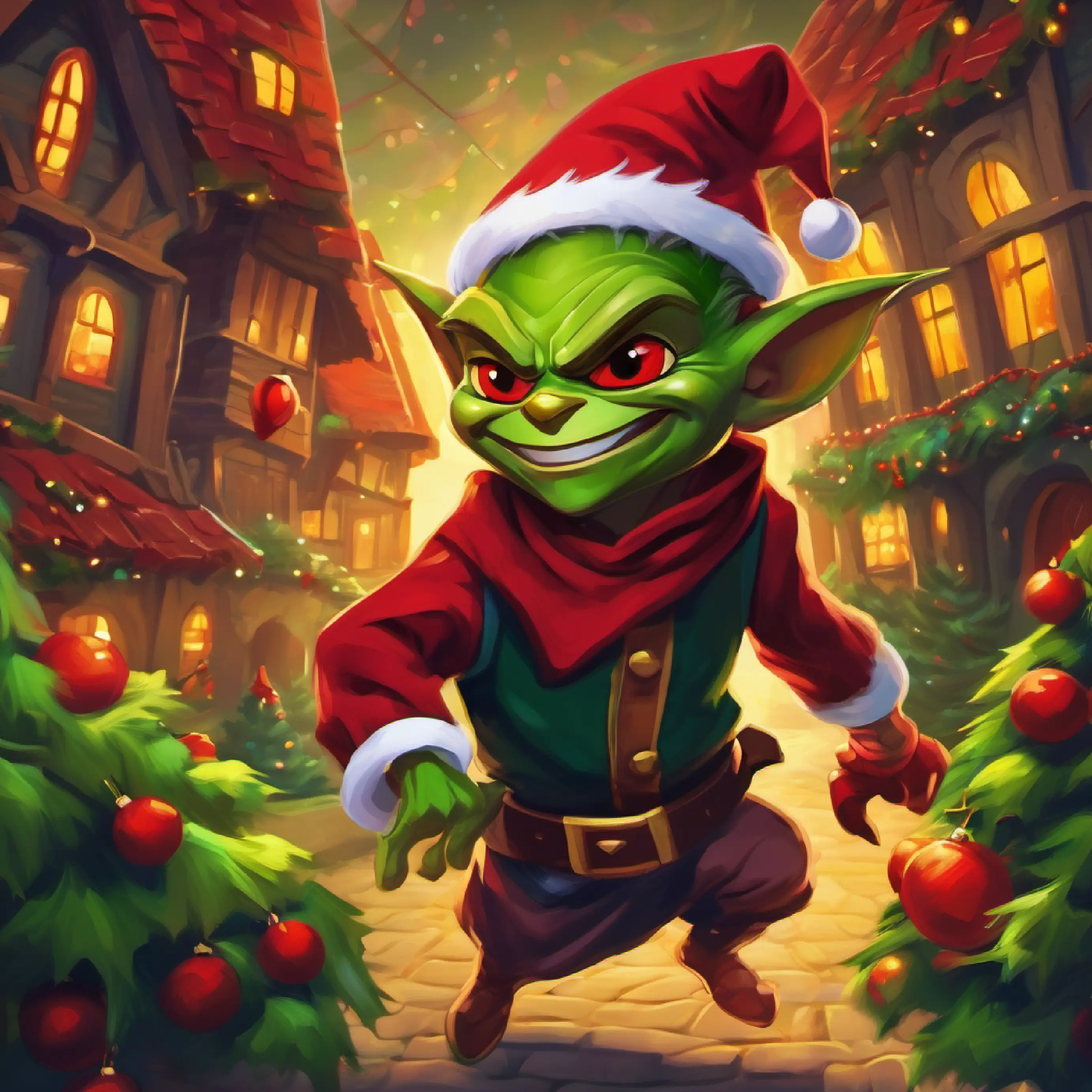 Small, green goblin with bright red eyes and a mischievous grin stealing from the villagers, displaying his greed.