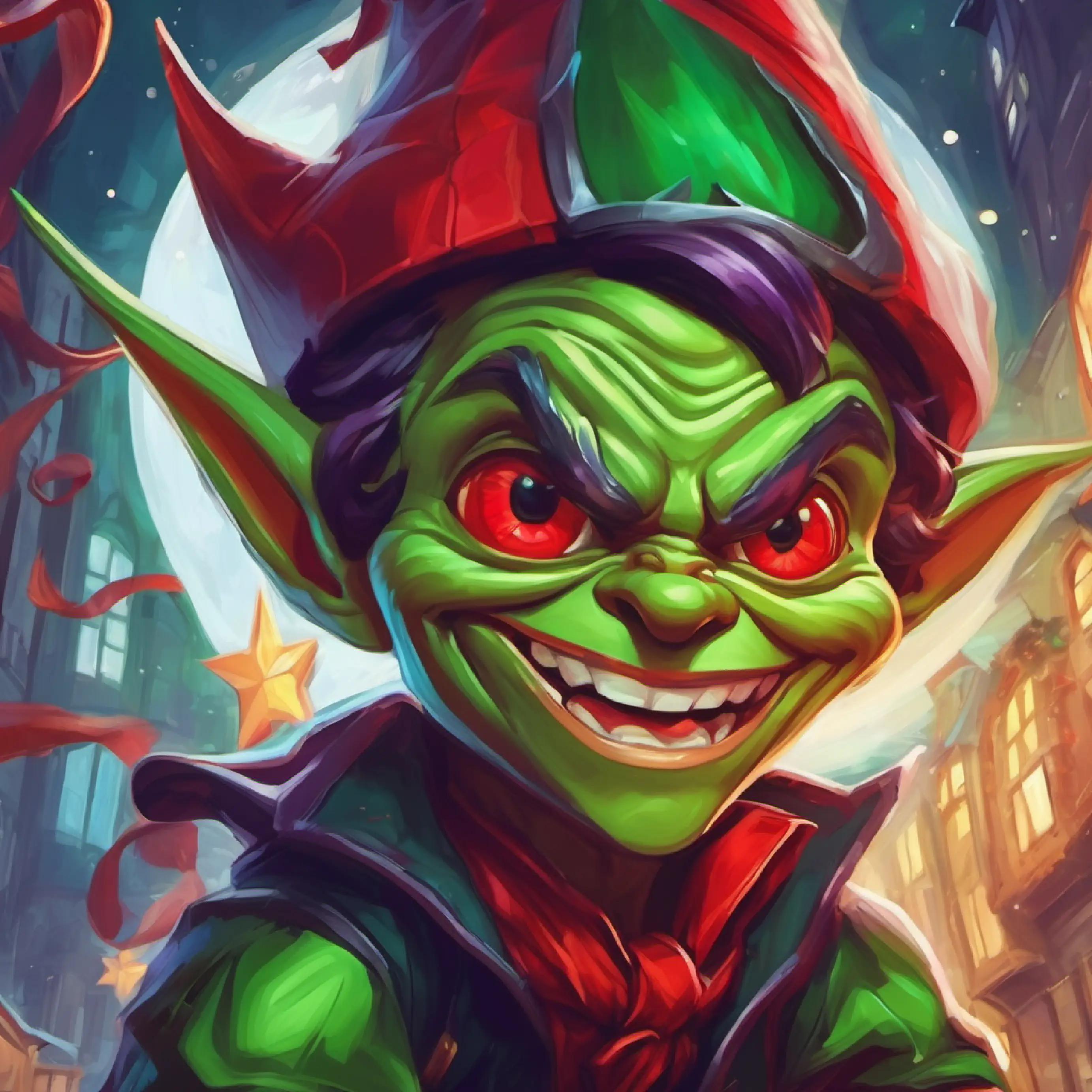 Small, green goblin with bright red eyes and a mischievous grin's change in behavior from greedy to generous.