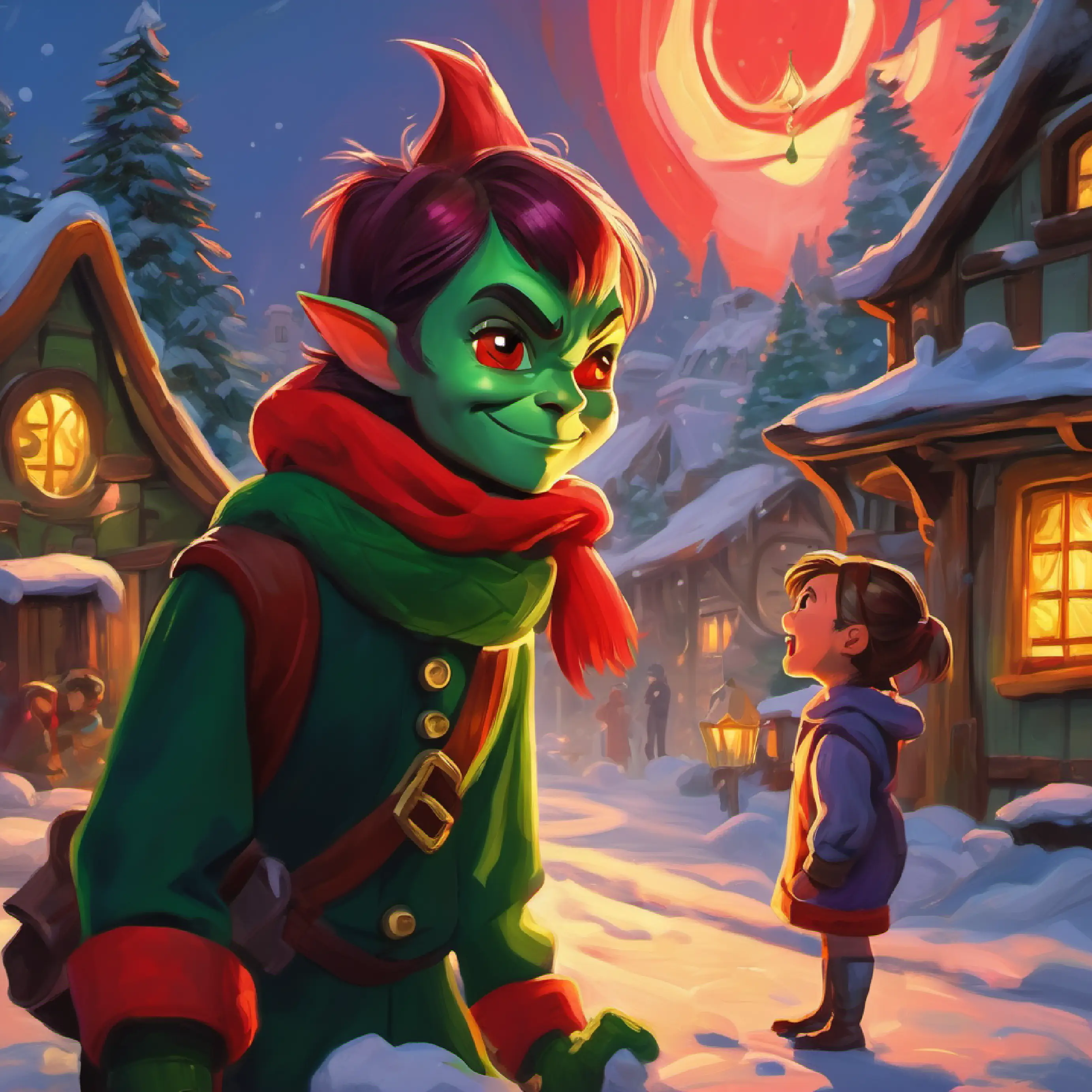 Girl confronting Small, green goblin with bright red eyes and a mischievous grin about his actions in the village.