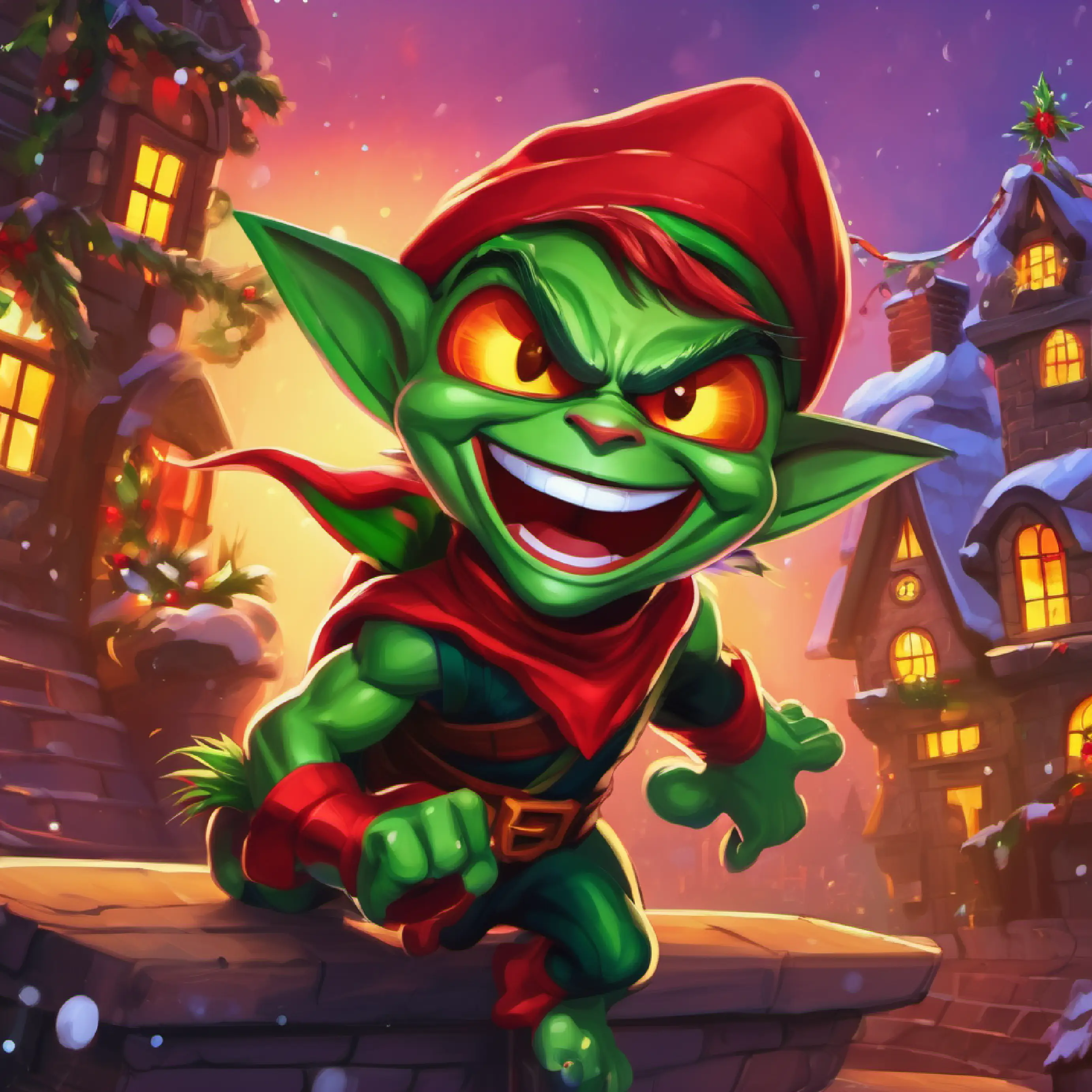 Small, green goblin with bright red eyes and a mischievous grin's response, showing his selfishness and linking happiness to possessions.