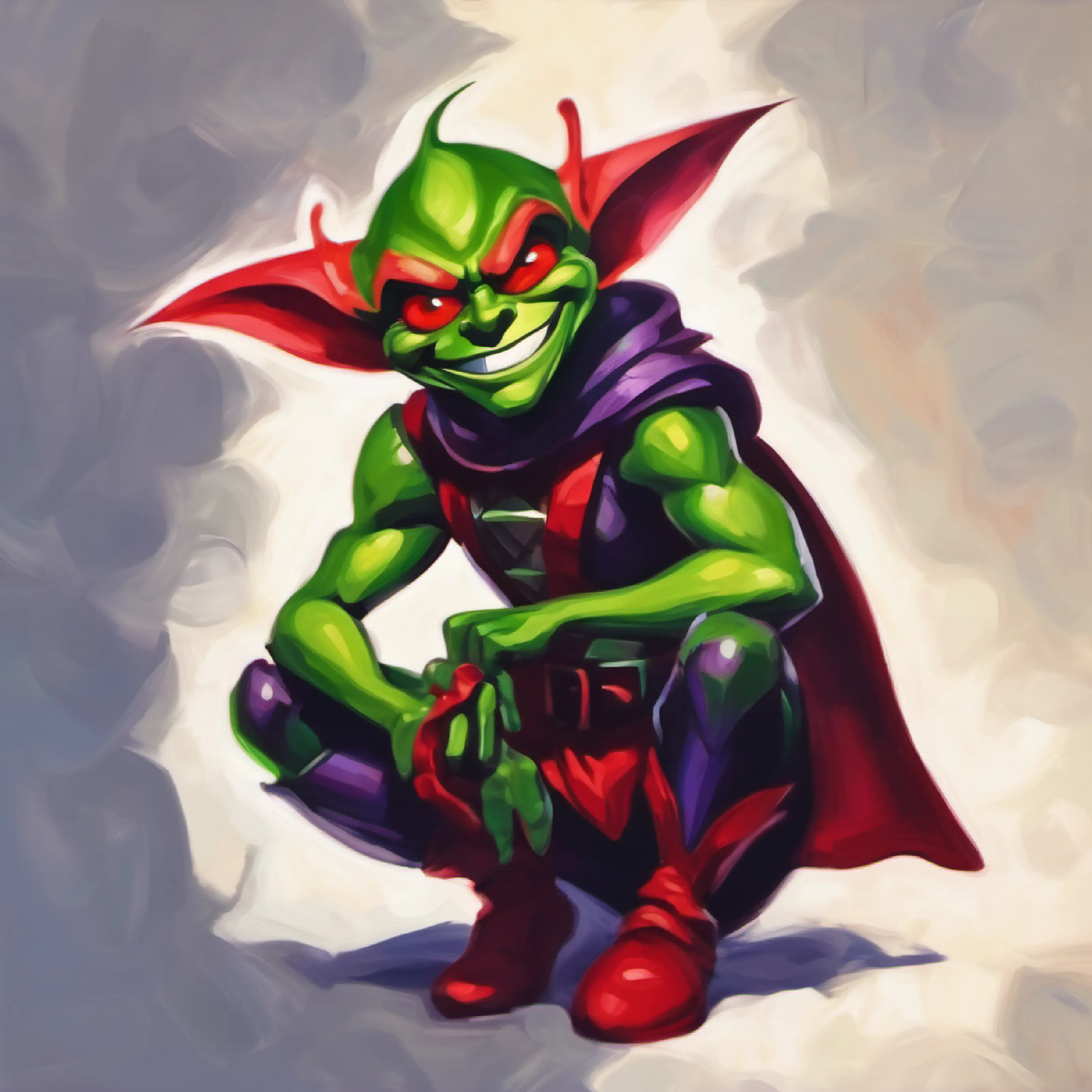 Small, green goblin with bright red eyes and a mischievous grin contemplating his happiness, or lack thereof.