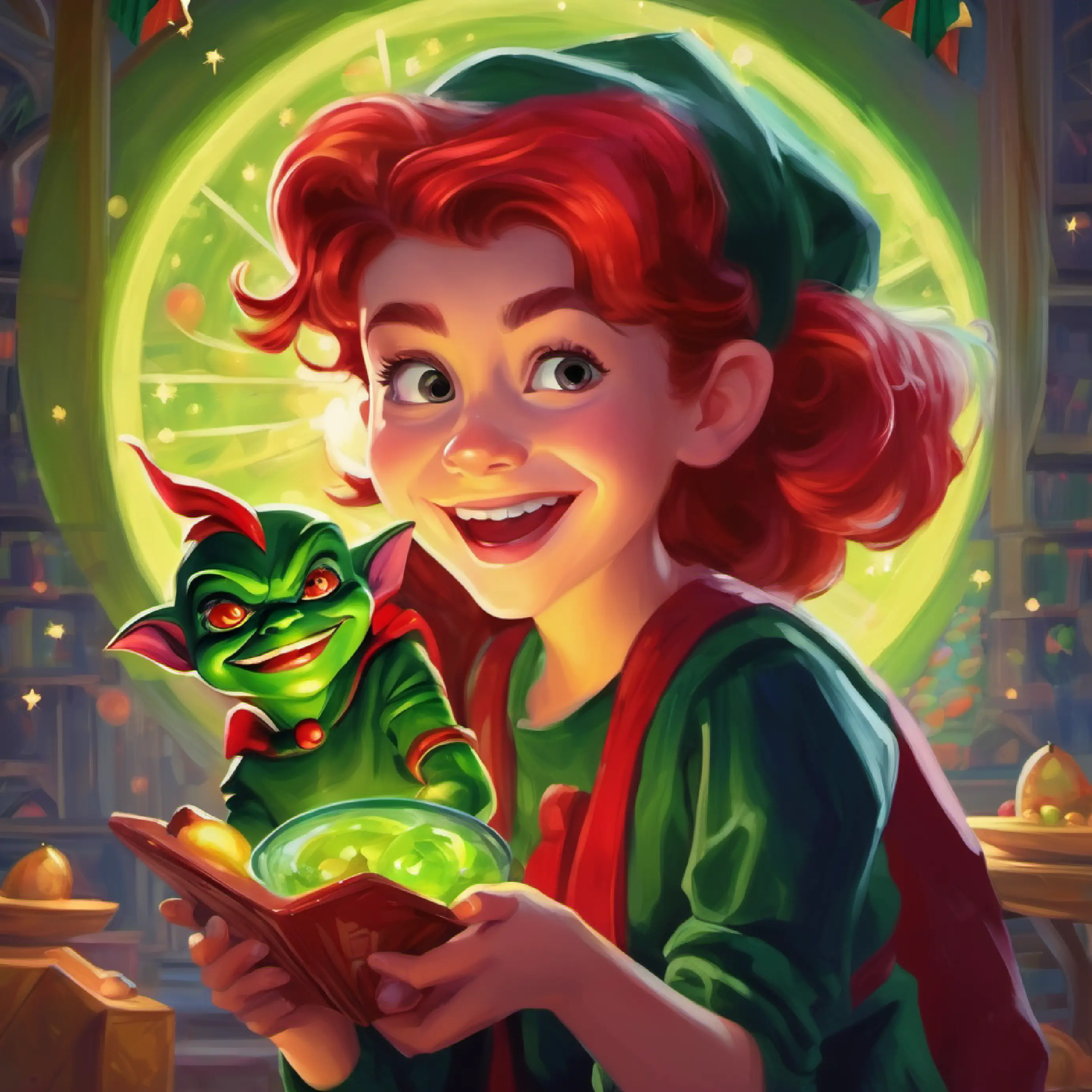 Girl offering Small, green goblin with bright red eyes and a mischievous grin advice on sharing and happiness.